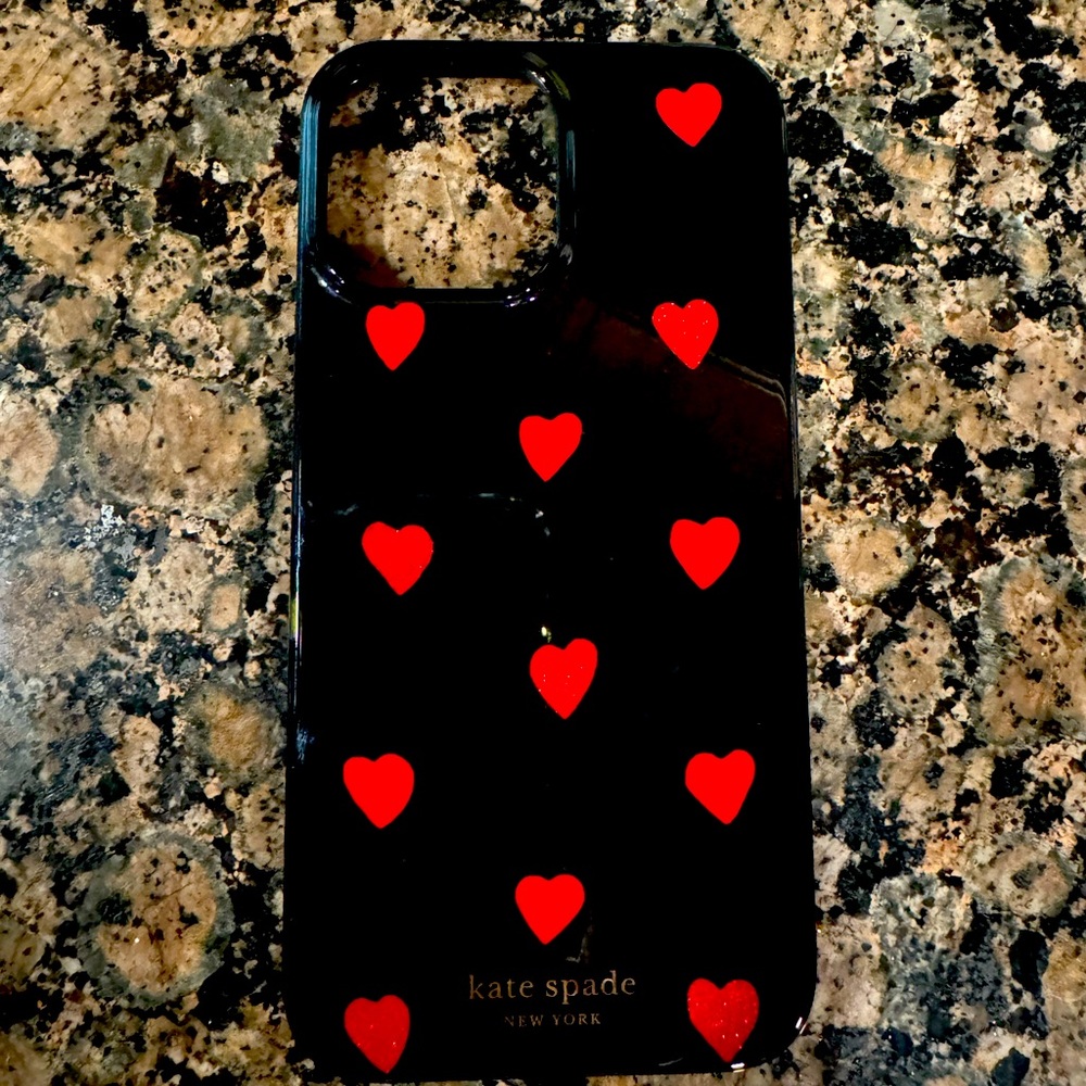 Kate Spade iPhone 13 Pro Max case. Black with red glitter hearts